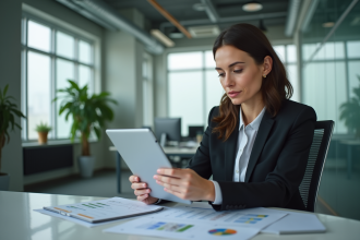 Femme en costume analysant des graphiques au bureau