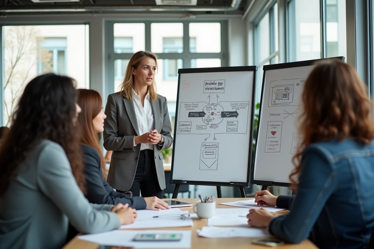 Femme fran&ccedil;aise examine un diagramme de processus en &eacute;quipe