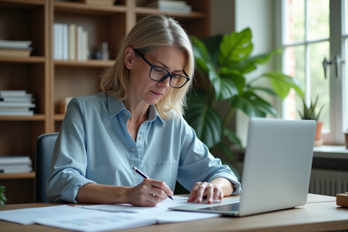 Femme réfléchissant à ses notes dans son espace de travail