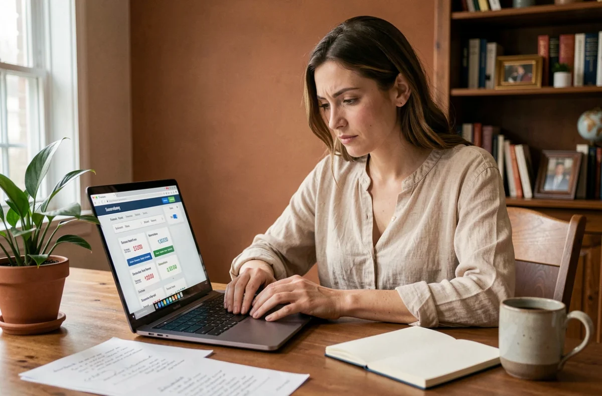 Femme entrepreneur analysant les tarifs et abonnements de Stan.store sur son ordinateur portable dans un bureau à domicile