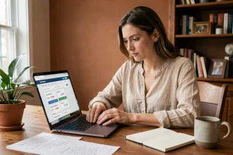 Femme entrepreneur analysant les tarifs et abonnements de Stan.store sur son ordinateur portable dans un bureau à domicile