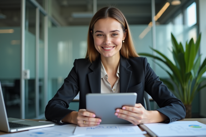 Femme d'affaires analysant des donn&eacute;es sur une tablette dans un bureau moderne