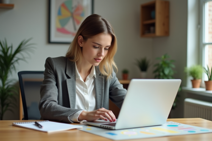 Jeune femme professionnelle analysant des donn&eacute;es ecommerce
