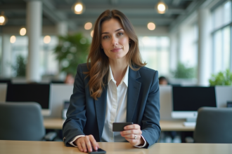 Femme d affaires posant son badge dans un bureau moderne