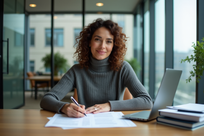 Femme d'âge moyen au bureau examine un contrat