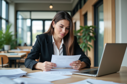 Femme en bureau cr&eacute;ant une entreprise avec documents