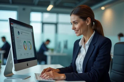Femme en blazer bleu naviguant sur un tableau de bord numérique