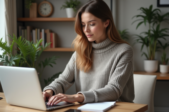Femme concentrée travaillant dans un bureau à domicile moderne