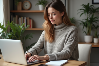 Femme concentrée travaillant dans un bureau à domicile moderne