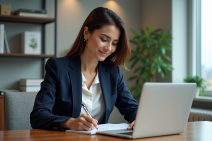 Femme en blazer navy prenant des notes dans un bureau moderne
