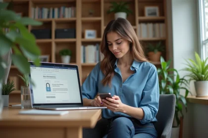 Jeune femme au bureau utilisant son smartphone dans un espace organisé