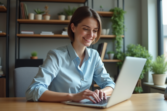 Jeune femme professionnelle souriante tapant un email sur son ordinateur