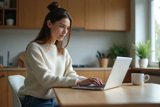 Jeune femme au bureau consulte un ordinateur portable