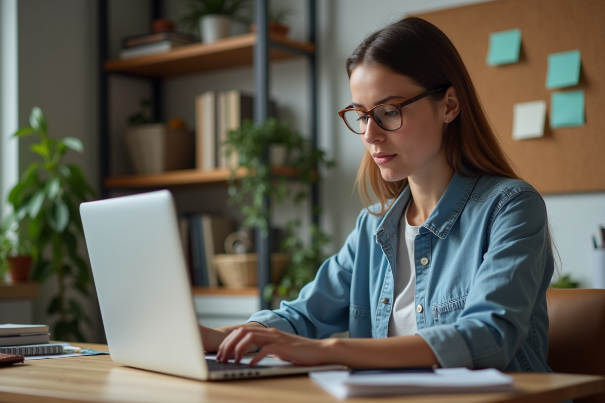 Femme analysant résultats Facebook sur son ordinateur dans un bureau