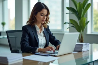 Femme d affaires concentrée sur son ordinateur dans un bureau moderne