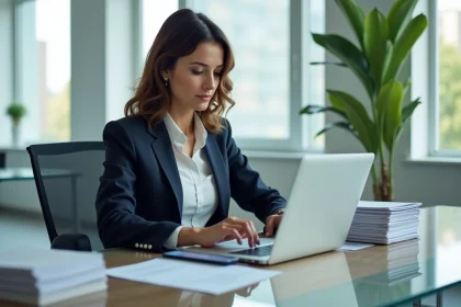 Femme d affaires concentrée sur son ordinateur dans un bureau moderne