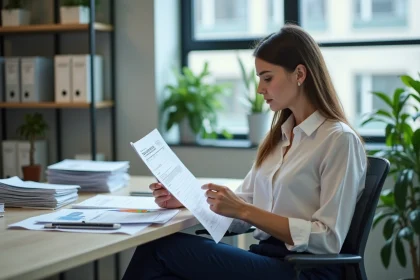 Femme en bureau examinant un document solde de tout compte