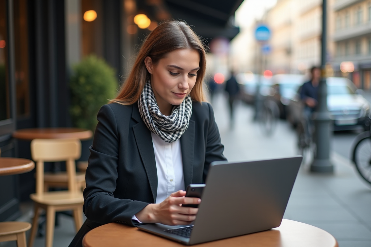 Jeune femme travaillant seul en terrasse de café