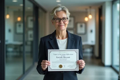 Femme d affaires tenant un certificat et une m&eacute;daille en bureau