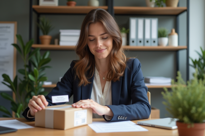 Femme appliquant une etiquette de certification dans un bureau
