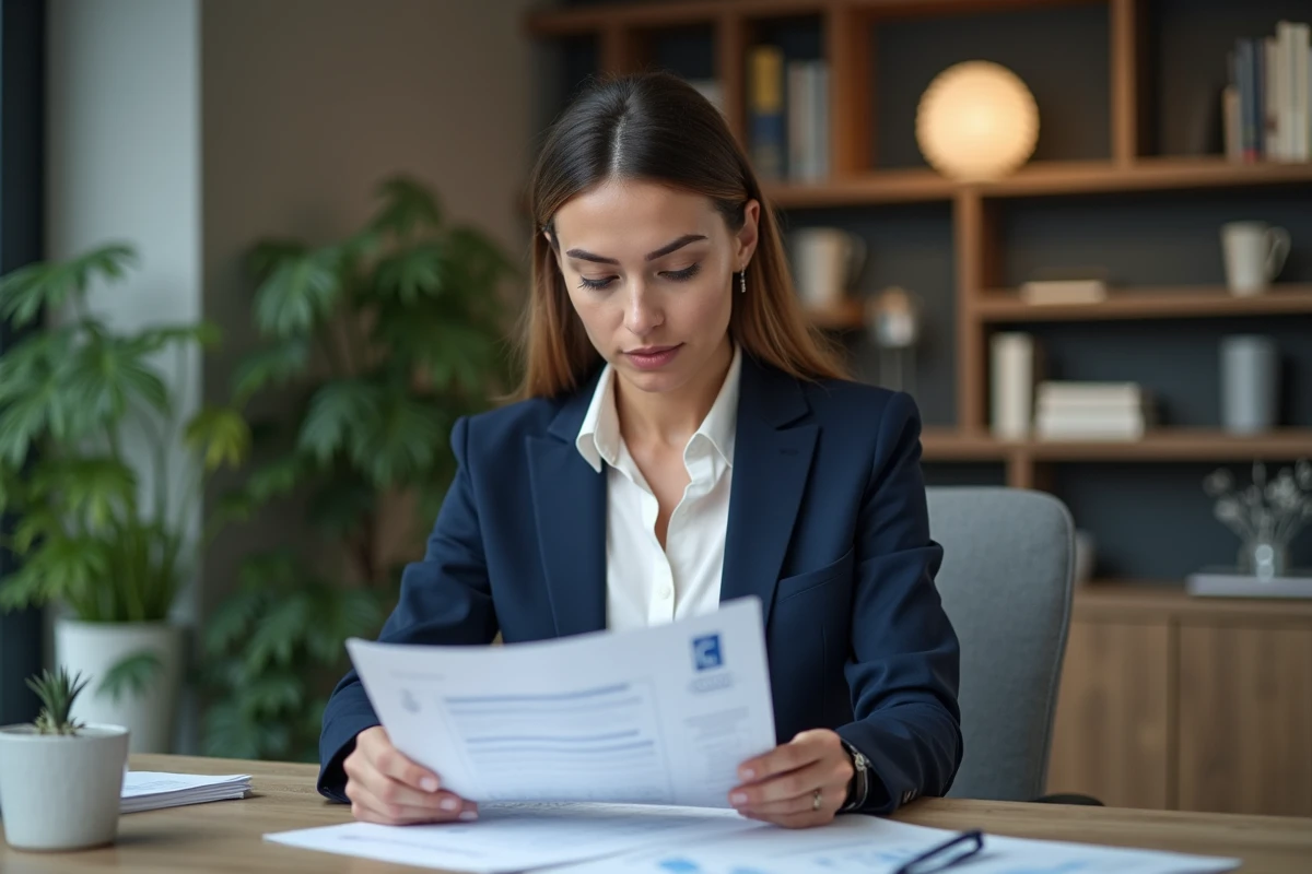Femme confiante en banque analysant un rapport financier