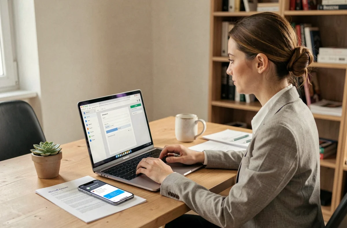 Femme professionnelle configurant une authentification sécurisée Power BI sur laptop depuis un bureau à domicile moderne