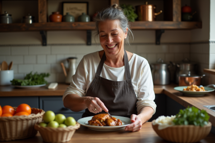 Femme fran&ccedil;aise en tablier servant un coq au vin dans une cuisine rustique