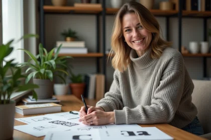 Femme souriante dans un studio cr&eacute;atif &agrave; Naveil