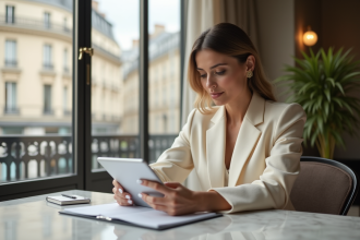 Femme élégante en costume crème consulte un rapport luxe