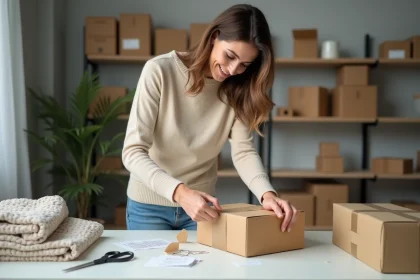 Femme emballant un colis avec soin &agrave; la maison