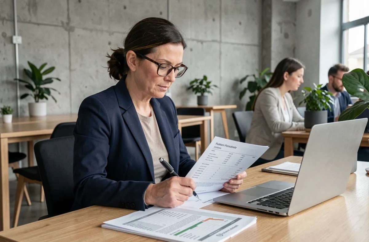 Femme entrepreneur calculant les tarifs de réservation d'un bureau dans un espace de coworking professionnel