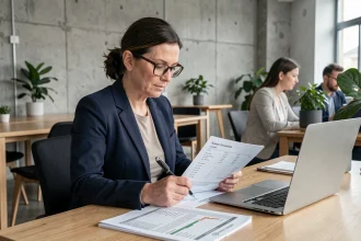 Femme entrepreneur calculant les tarifs de réservation d'un bureau dans un espace de coworking professionnel