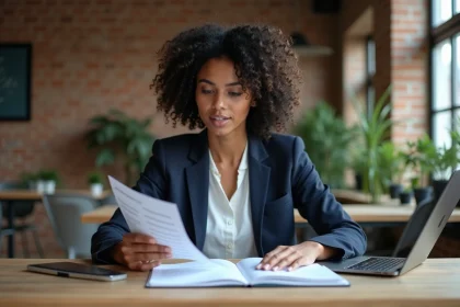Femme entrepreneur consultant un guide de création d'entreprise à son bureau dans un espace de coworking moderne