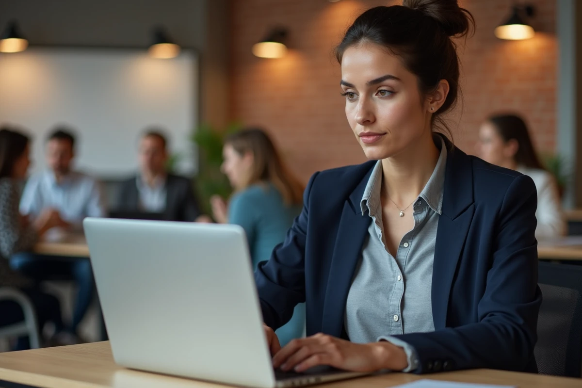 Femme francophone recherchant un emploi sur Career Trotter dans un espace de coworking moderne