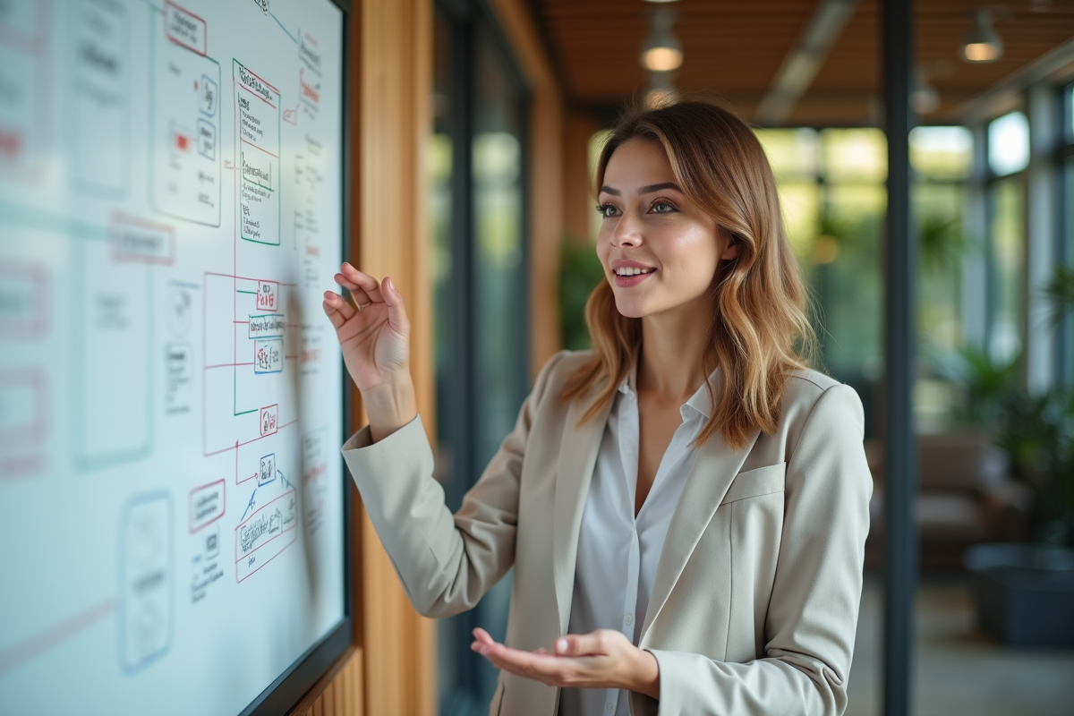 Jeune femme gestionnaire expliquant un diagramme blanc