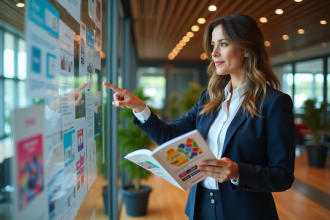 Femme en costume pointant une affiche marketing créative