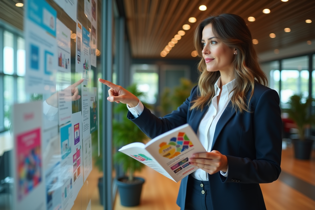 Femme en costume pointant une affiche marketing créative