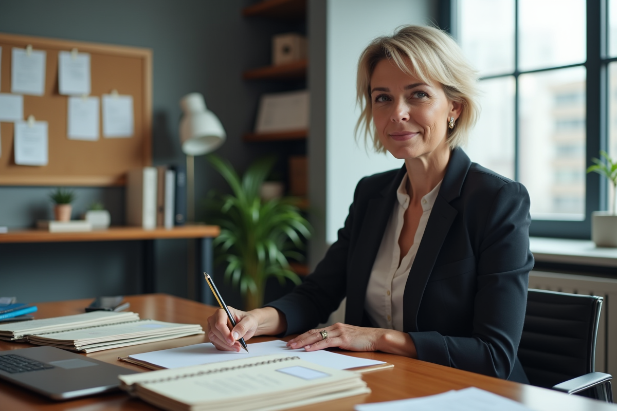 Femme organisée vérifiant des dossiers dans son bureau