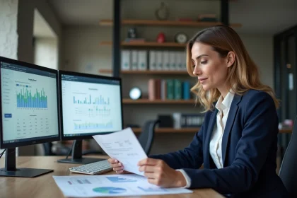 Femme professionnelle analysant des données sur des écrans dans un bureau co-working parisien pour préparer un projet professionnel