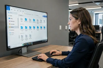 Femme professionnelle consultant son espace de stockage numérique Arkevia sur un écran d'ordinateur dans un bureau moderne en 2026