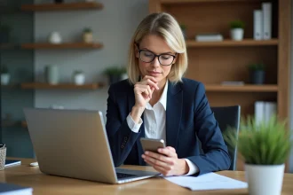 Femme d affaires en bureau moderne avec ordinateur et smartphone