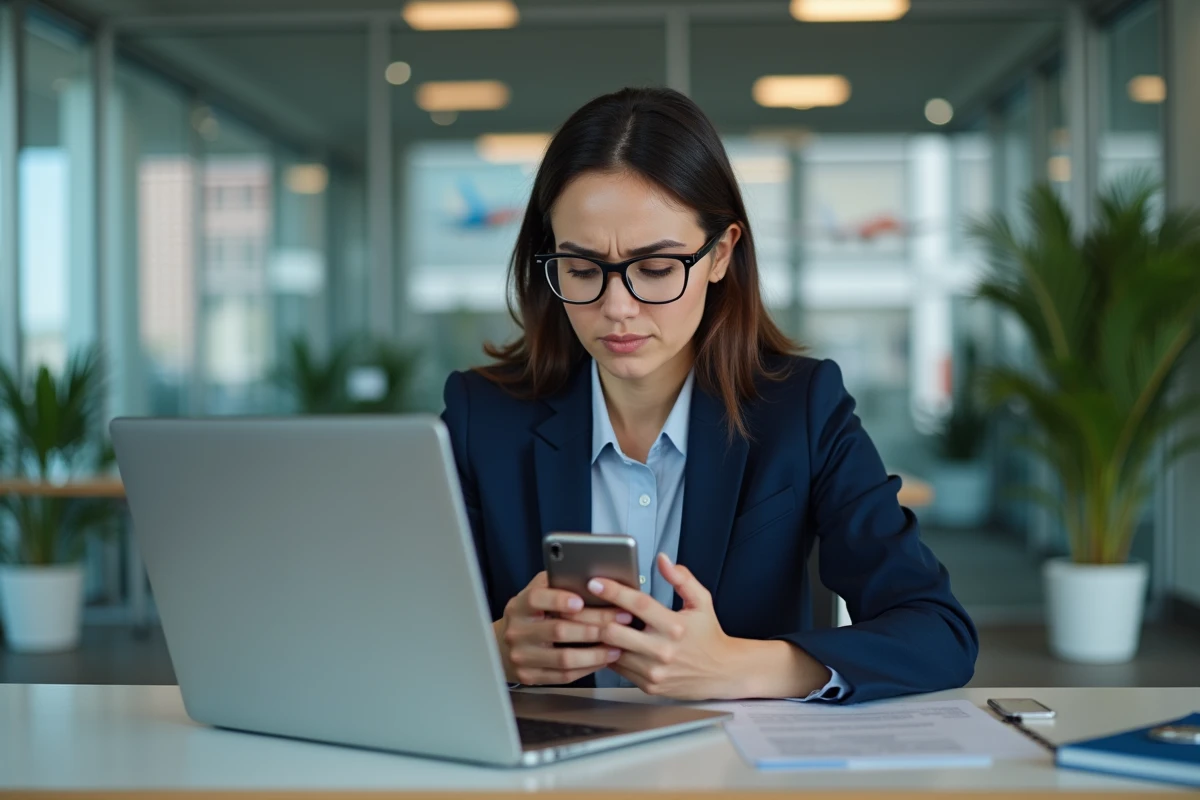 Femme d affaires en costume vérifiant son smartphone au bureau