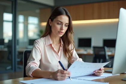 Jeune femme en bureau consulte un calendrier
