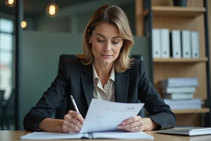 Femme professionnelle examinant un dossier duerp au bureau