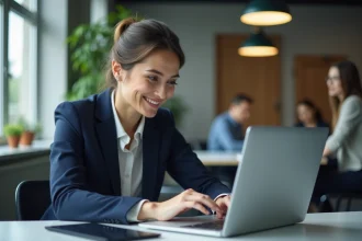 Femme professionnelle utilisant une plateforme de développement de carrière sur son ordinateur portable dans un bureau moderne