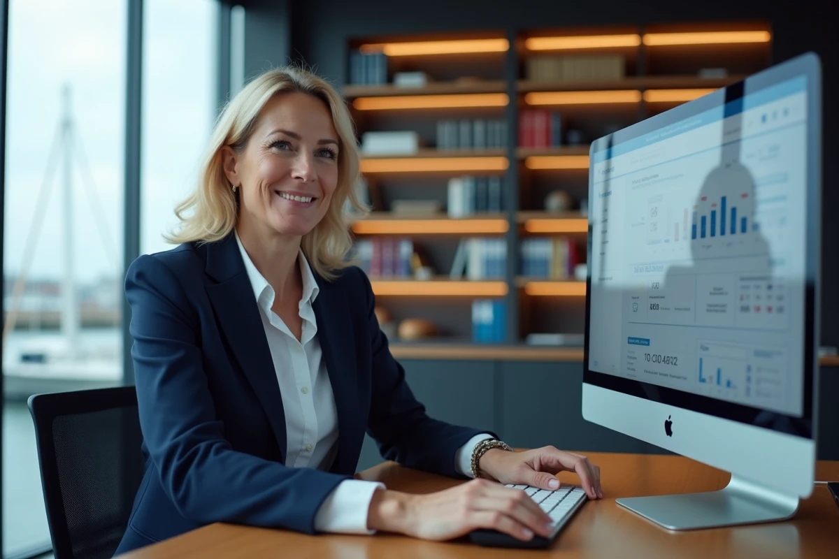 Professionnelle du nautique utilisant une plateforme de mise en réseau de l'industrie marine depuis son bureau avec vue sur un port