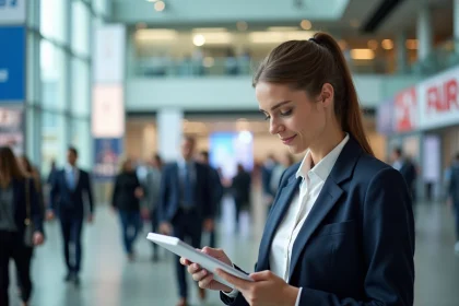 Femme professionnelle consultant le programme de l'événement Lesentreprisesfrenchy 2026 dans le hall d'un centre de congrès moderne