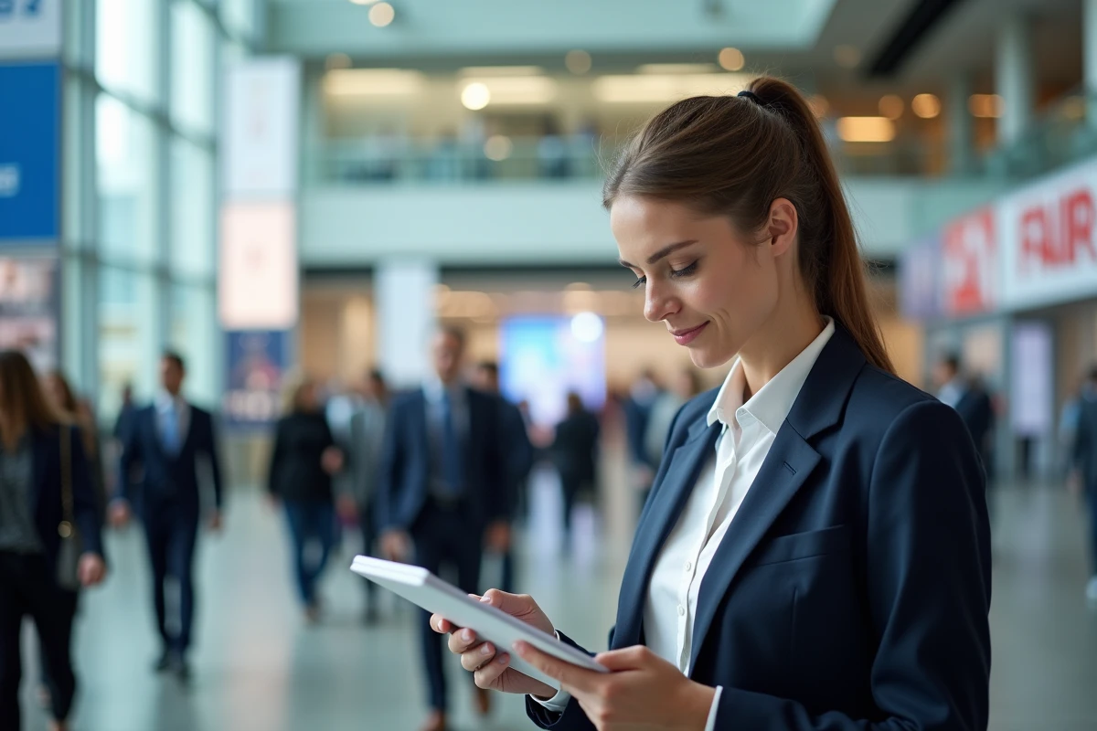 Femme professionnelle consultant le programme de l'événement Lesentreprisesfrenchy 2026 dans le hall d'un centre de congrès moderne