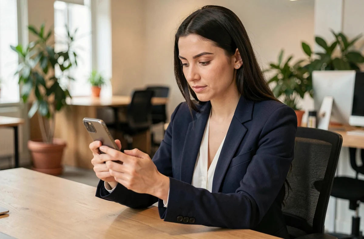 Femme professionnelle consultant WhatsApp Business sur son smartphone dans un espace de coworking moderne