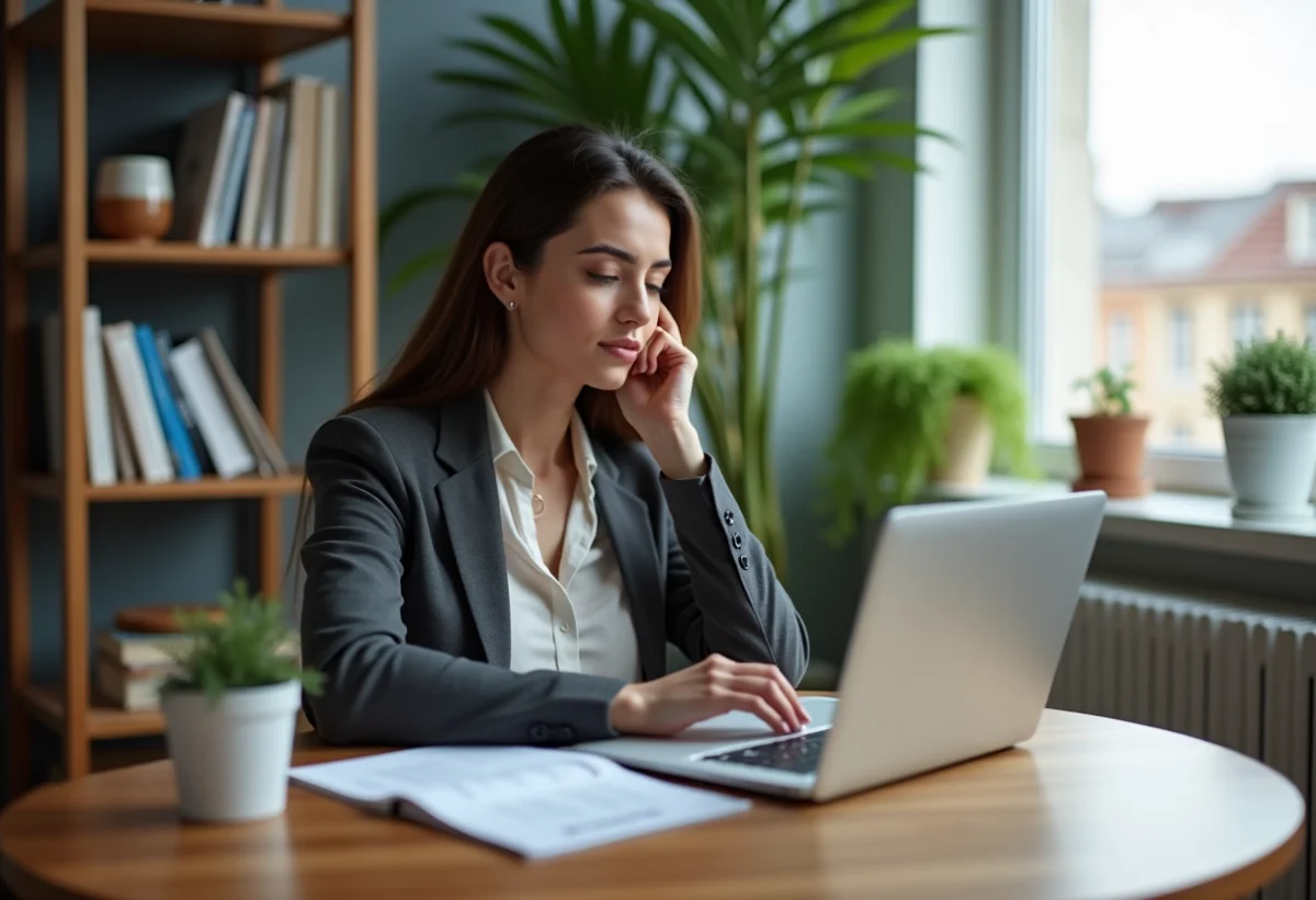 Femme francophone en tenue professionnelle examine son CV sur un ordinateur